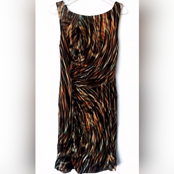 Escada Dresses & Skirts - Escada Sleeveless Brown Green Orange Tropical Patterned Dress With Side Ruching